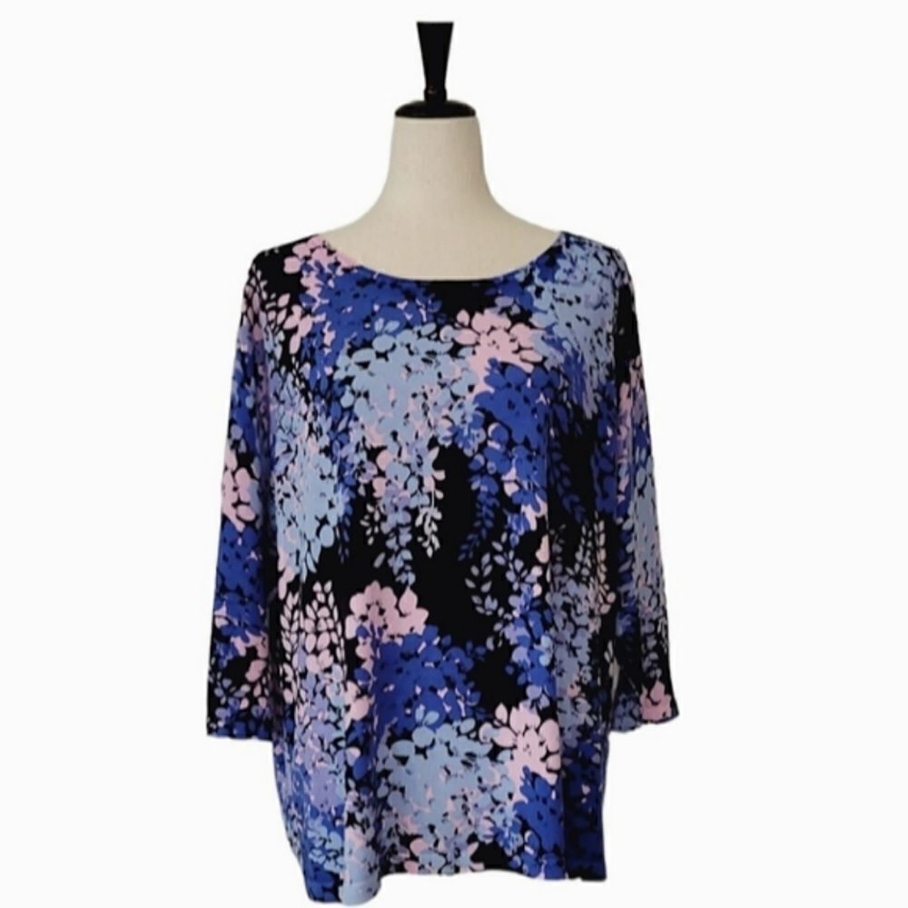 Talbots Blue & Purple Floral Bateau Neck 3/4 Sleeve Sweater Size 3X Petite - Picture 2 of 8